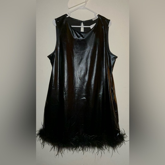 Black Shine Dress with Feather Trim - Picture 1 of 6